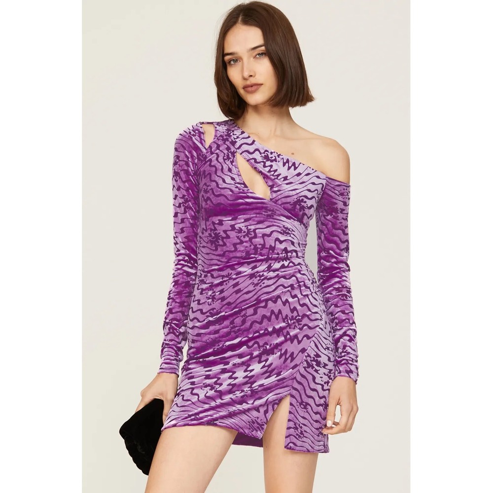 AFRM Velvet Mini Dress‎ Purple Floral Long Sleeve Ruched Bodycon XXS NWOT